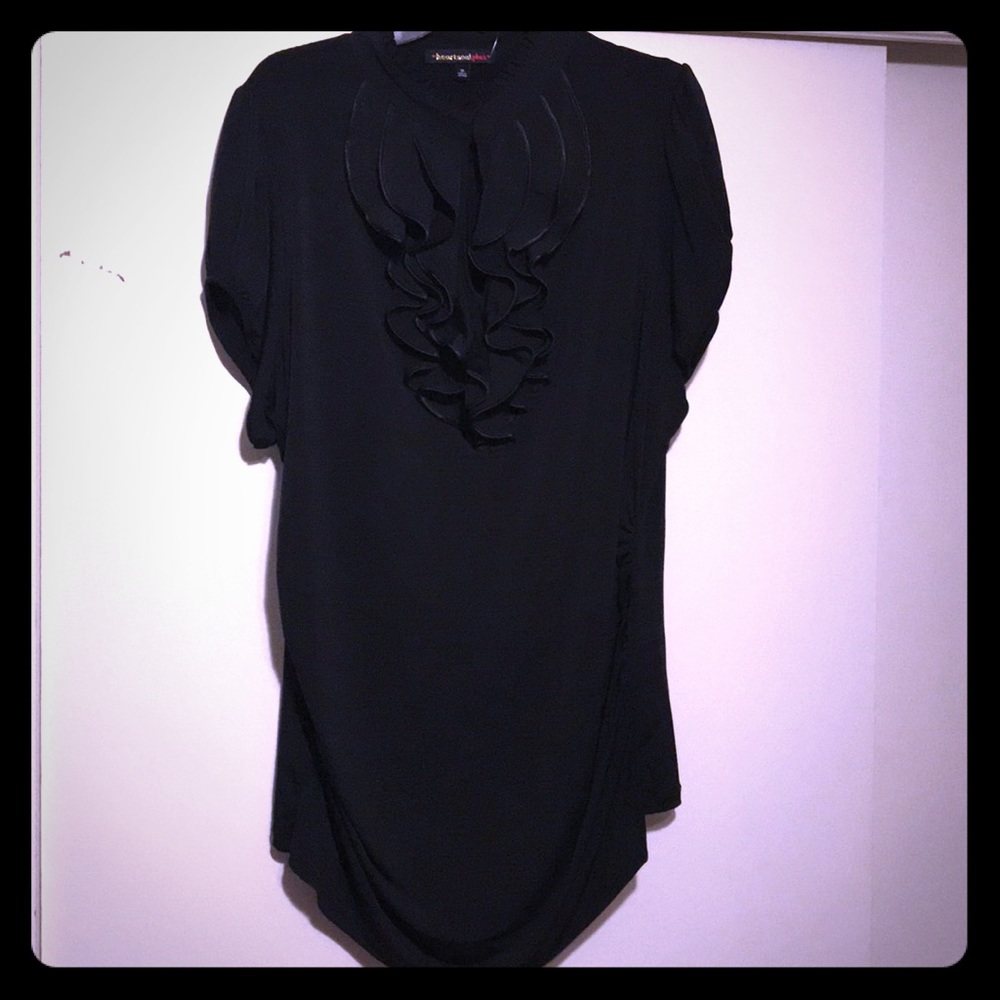 Black short sleeve blouse with ruffle neck new